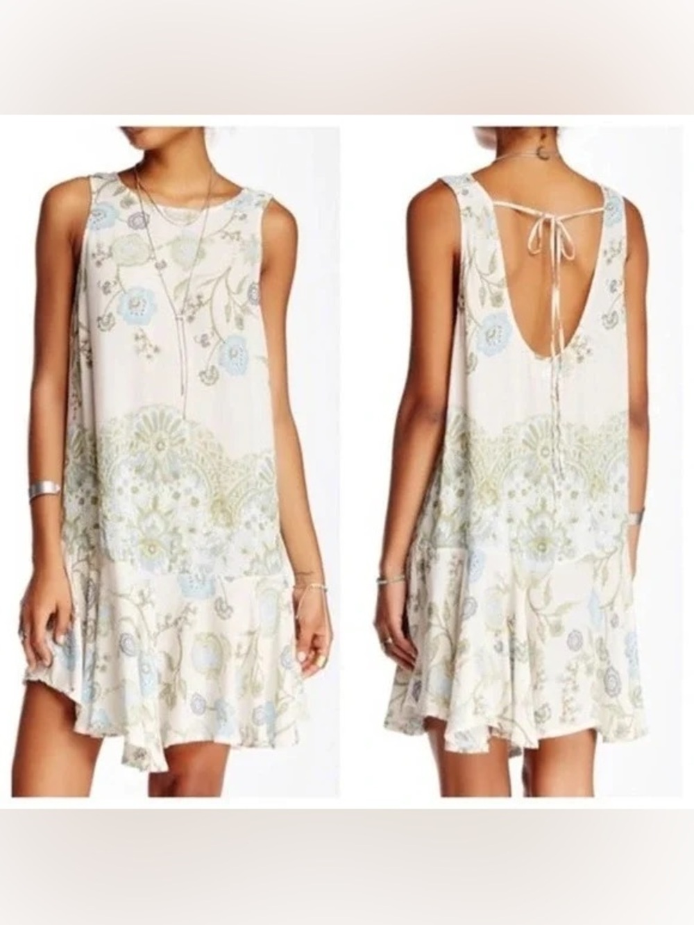 Free People Dobby Dot Slip Dress Floral Tie-Back Swing Blue Accents Medium